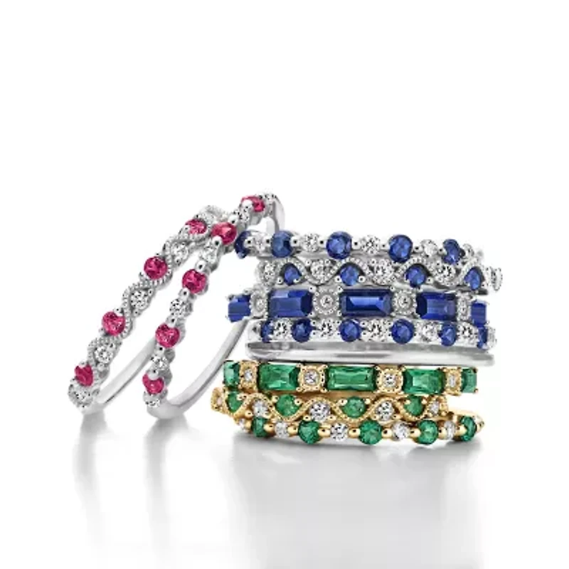 Modern Bride Lab-Created Gemstone and 1/10 CT.T.W. Lab-Grown Diamond 2MM Wedding Band 10K Gold