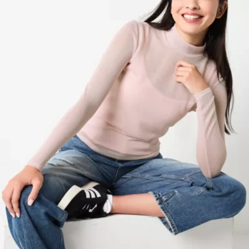 Arizona Build In Cami Womens Juniors Mock Neck Long Sleeve T-Shirt