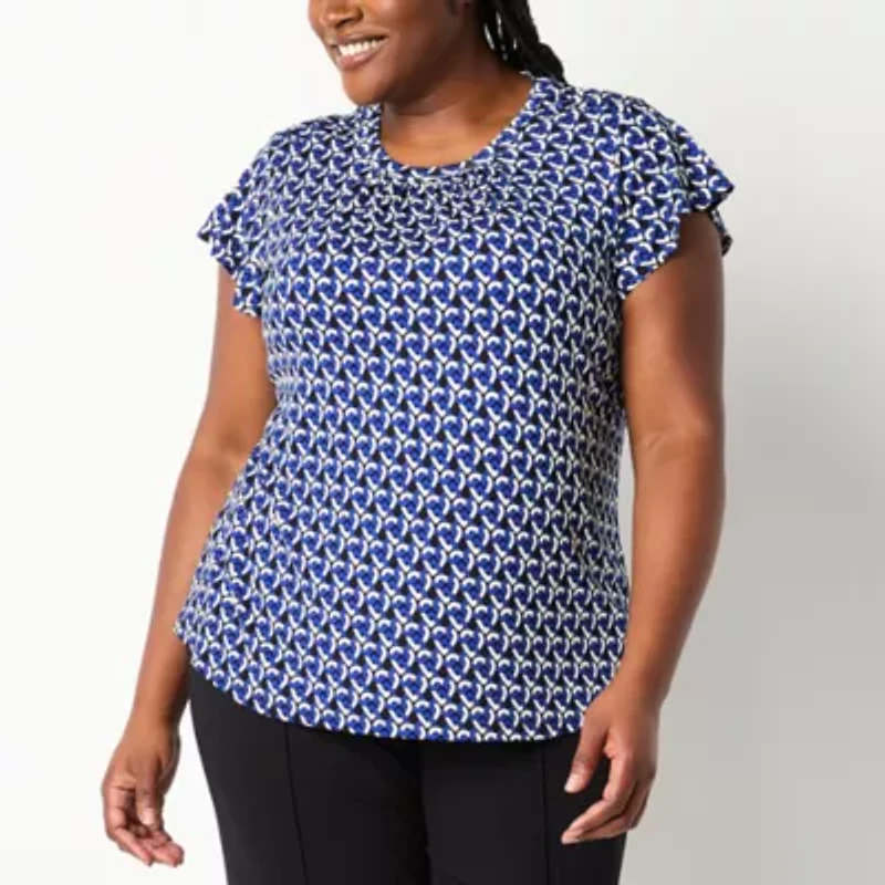 Liz Claiborne Womens Plus Crew Neck Short Sleeve Blouse