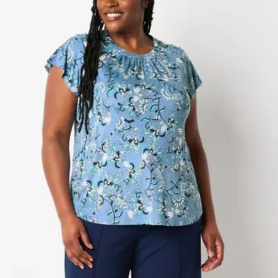 Liz Claiborne Womens Plus Crew Neck Short Sleeve Blouse