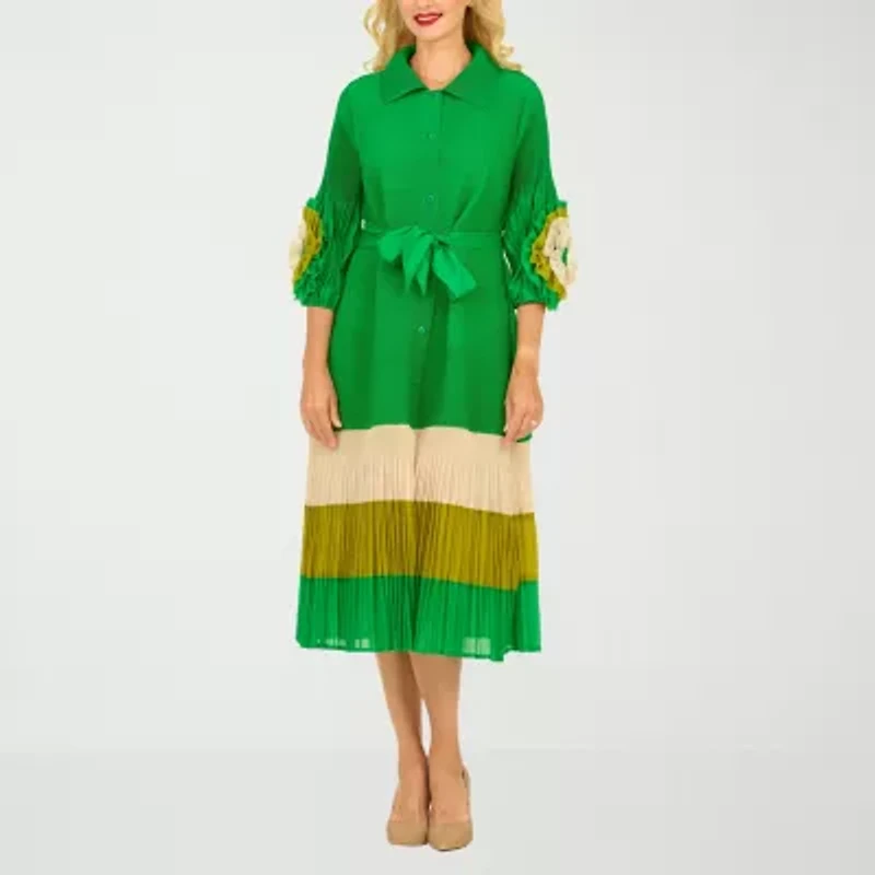 Giovanna Signature Womens Easy-on + Easy-off 3/4 Sleeve Midi Shirt Dress