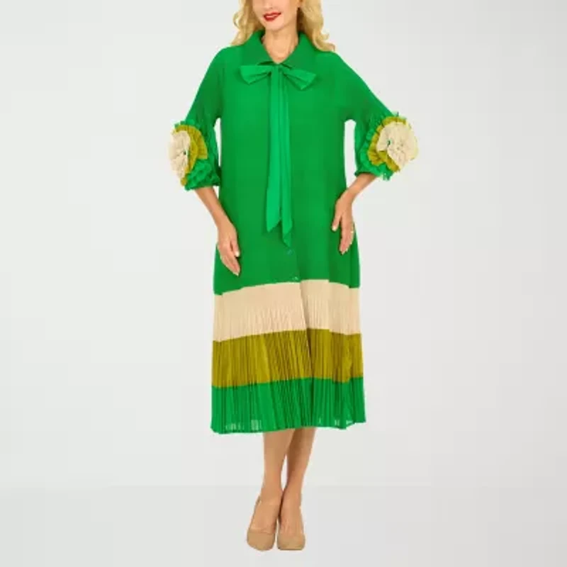 Giovanna Signature Womens Easy-on + Easy-off 3/4 Sleeve Midi Shirt Dress