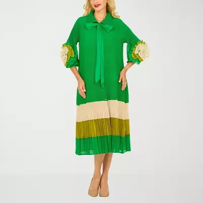 Giovanna Signature Womens Easy-on + Easy-off 3/4 Sleeve Midi Shirt Dress