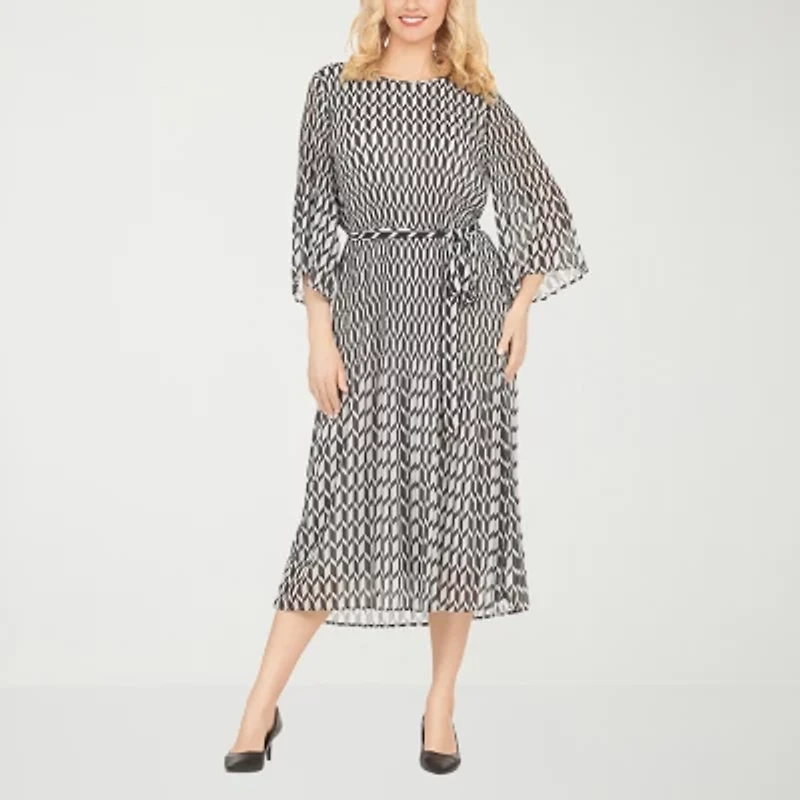 Giovanna Signature Womens 3/4 Sleeve Midi Chevron A-Line Dress