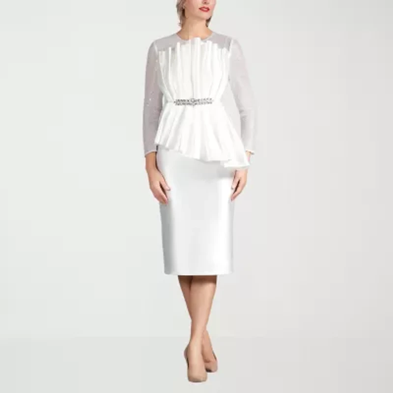 Giovanna Signature Womens Long Sleeve Embellished Midi Peplum Dress