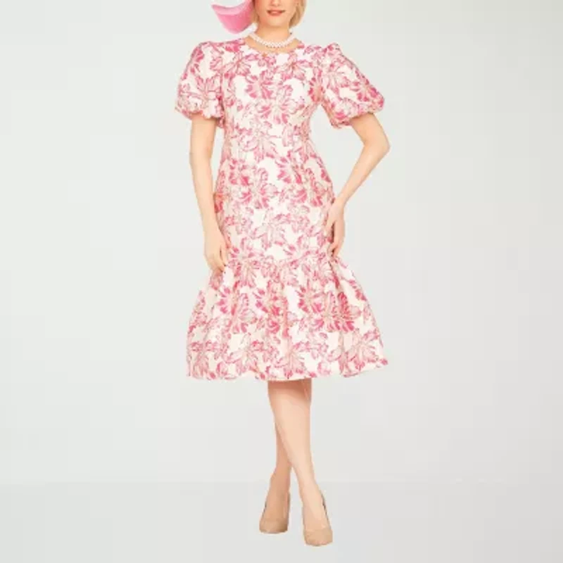 Giovanna Signature Womens Short Sleeve Midi Floral A-Line Dress