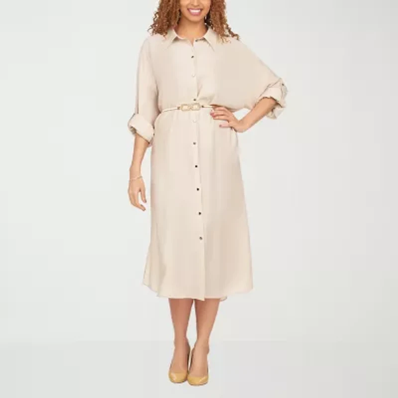 Giovanna Signature Womens Easy-on + Easy-off 3/4 Sleeve Midi Shirt Dress