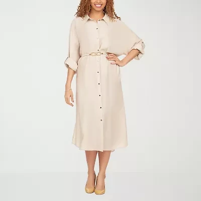 Giovanna Signature Womens Easy-on + Easy-off 3/4 Sleeve Midi Shirt Dress