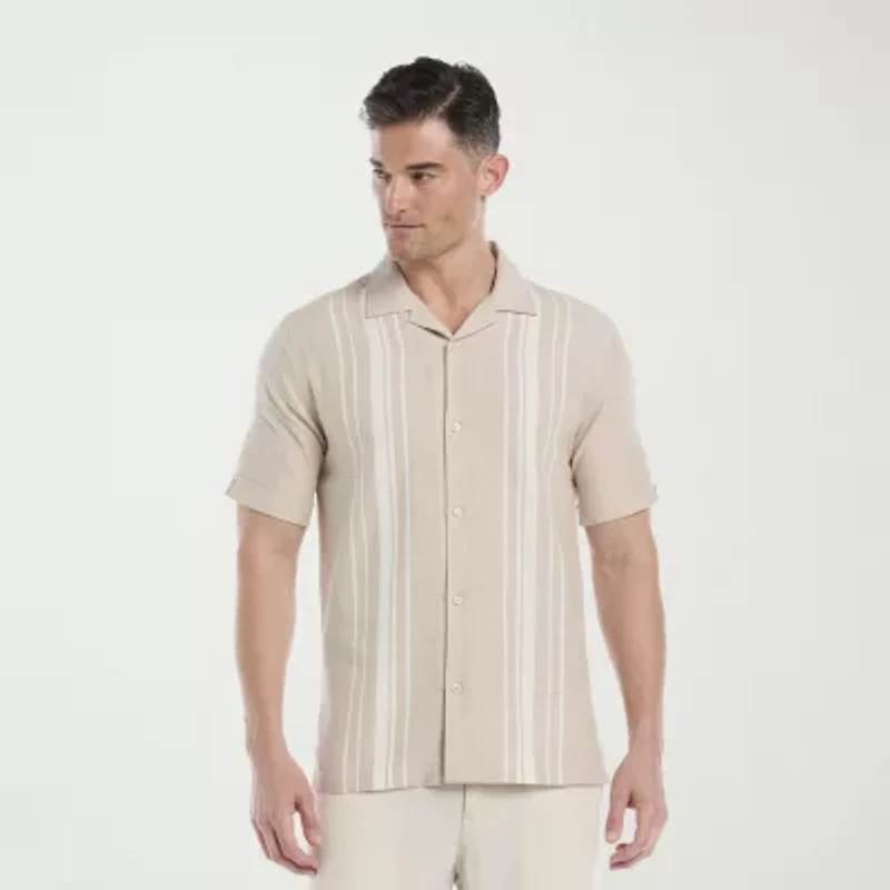 Cubavera Dobby Yarn Dye Panels Mens Short Sleeve Regular Fit Button-Down Shirt