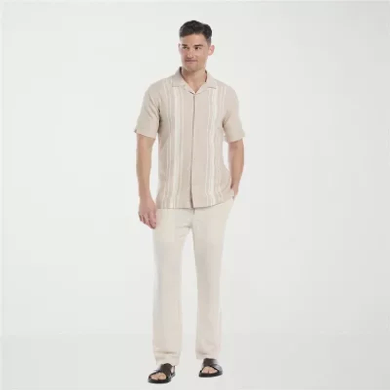 Cubavera Dobby Yarn Dye Panels Mens Short Sleeve Regular Fit Button-Down Shirt