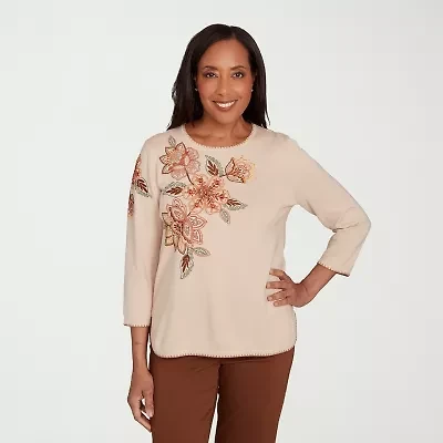 Alfred Dunner Mount Laurel Womens Crew Neck 3/4 Sleeve Floral Pullover Sweater