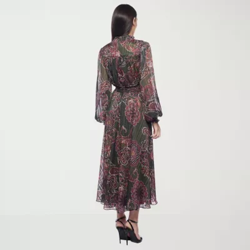 Premier Amour Womens Long Sleeve Paisley Midi Fit + Flare Dress
