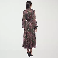 Premier Amour Womens Long Sleeve Paisley Midi Fit + Flare Dress
