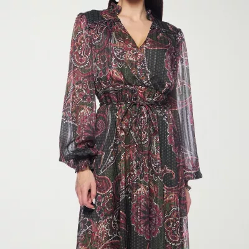 Premier Amour Womens Long Sleeve Paisley Midi Fit + Flare Dress