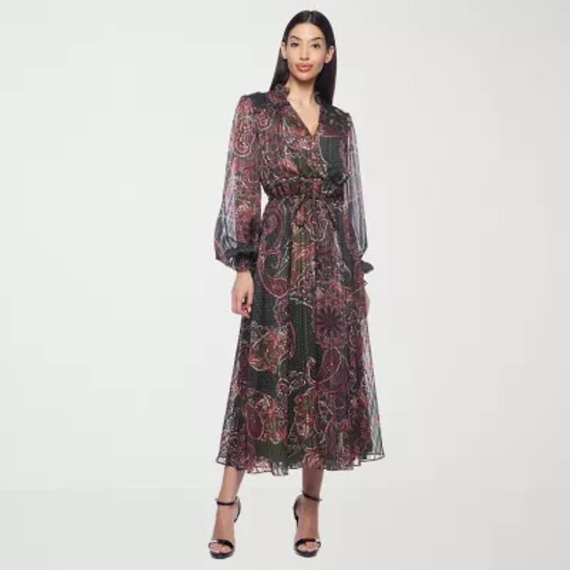 Premier Amour Womens Long Sleeve Paisley Midi Fit + Flare Dress