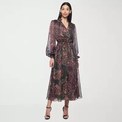 Premier Amour Womens Long Sleeve Paisley Midi Fit + Flare Dress