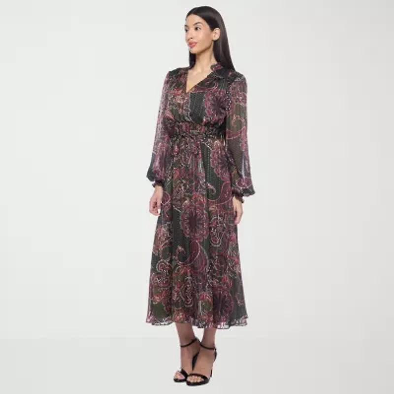Premier Amour Womens Long Sleeve Paisley Midi Fit + Flare Dress