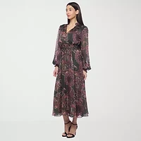 Premier Amour Womens Long Sleeve Paisley Midi Fit + Flare Dress