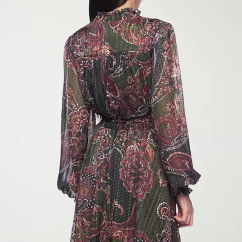 Premier Amour Womens Long Sleeve Paisley Midi Fit + Flare Dress