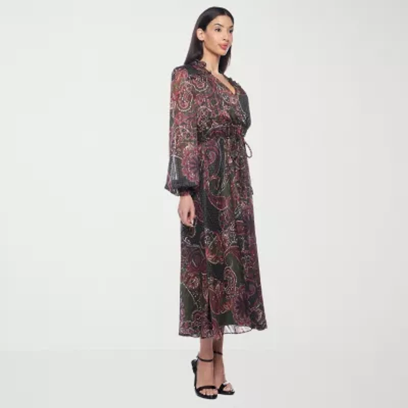Premier Amour Womens Long Sleeve Paisley Midi Fit + Flare Dress