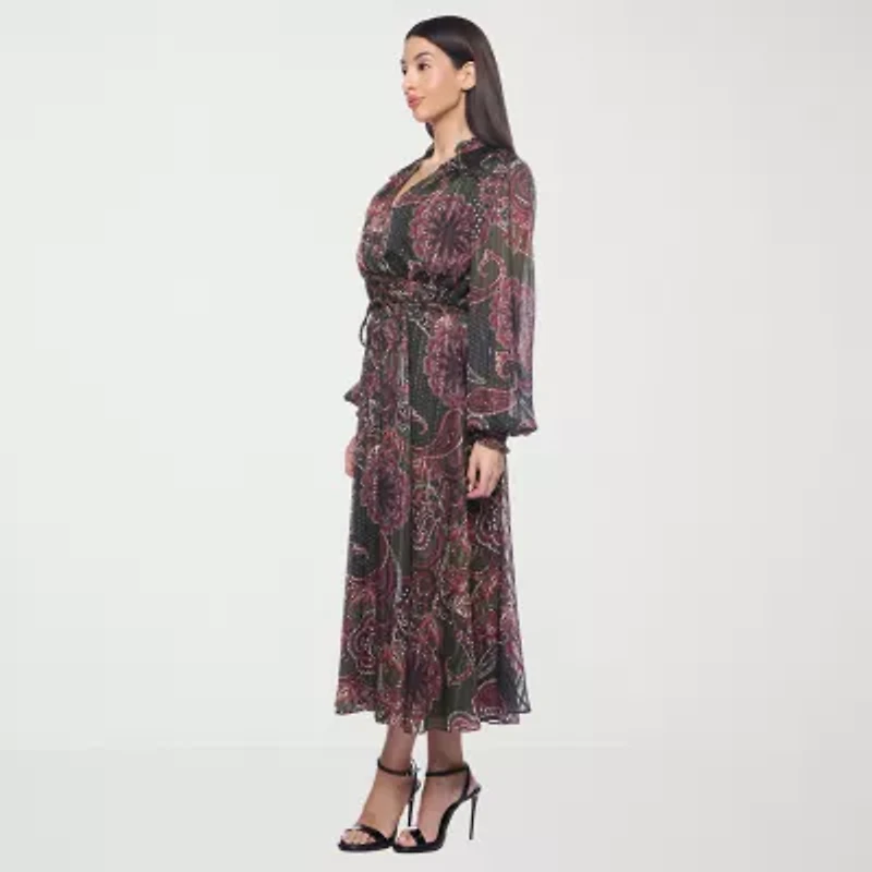 Premier Amour Womens Long Sleeve Paisley Midi Fit + Flare Dress