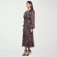 Premier Amour Womens Long Sleeve Paisley Midi Fit + Flare Dress