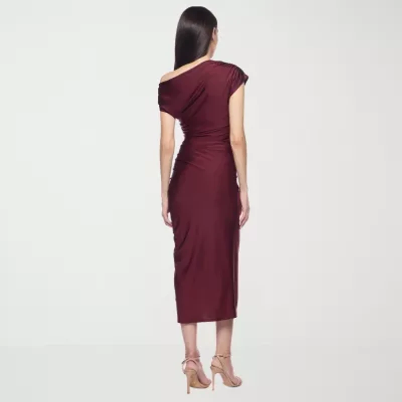 Premier Amour One Shoulder Womens Short Sleeve Midi Sheath Dress