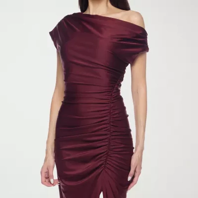 premier amour one shoulder womens short sleeve midi sheath dress Premier Amour One Shoulder Womens Midi Asymmetrical Neck Short Sleeve Sheath Dress