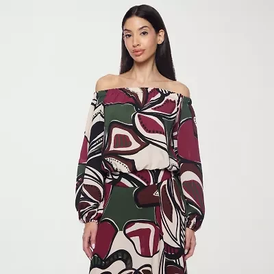 Premier Amour Off The Shoulder Floral Womens Straight Neck Long Sleeve Blouse