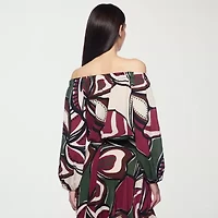 Premier Amour Off The Shoulder Floral Womens Straight Neck Long Sleeve Blouse