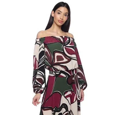 Premier Amour Off The Shoulder Floral Womens Straight Neck Long Sleeve Blouse