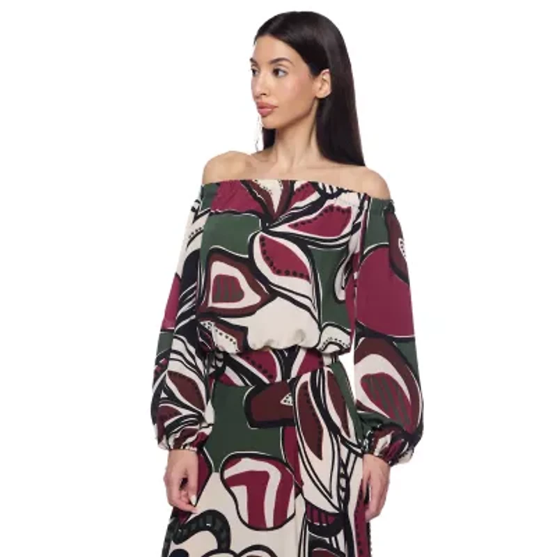 Premier Amour Off The Shoulder Floral Womens Straight Neck Long Sleeve Blouse