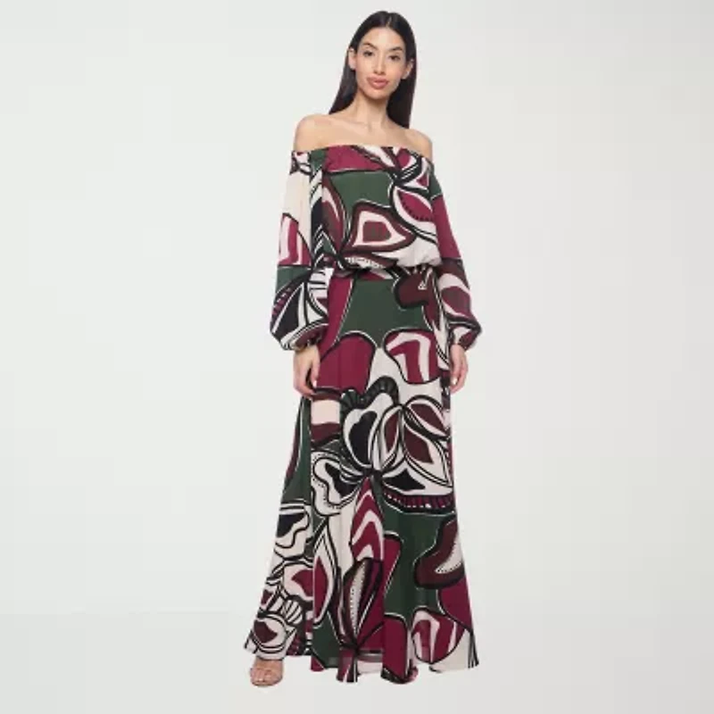 Premier Amour Off The Shoulder Floral Womens Straight Neck Long Sleeve Blouse