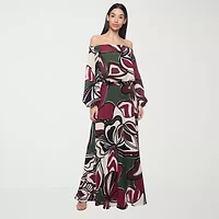 Premier Amour Off The Shoulder Floral Womens Straight Neck Long Sleeve Blouse