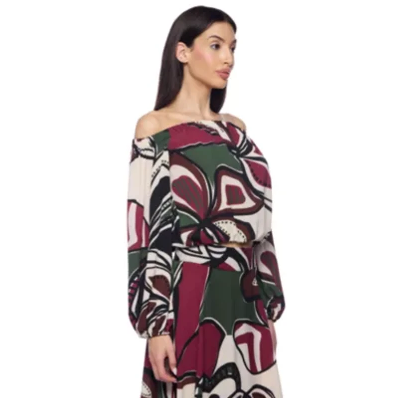 Premier Amour Off The Shoulder Floral Womens Straight Neck Long Sleeve Blouse