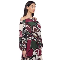Premier Amour Off The Shoulder Floral Womens Straight Neck Long Sleeve Blouse