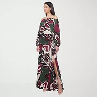 Premier Amour Off The Shoulder Floral Womens Straight Neck Long Sleeve Blouse