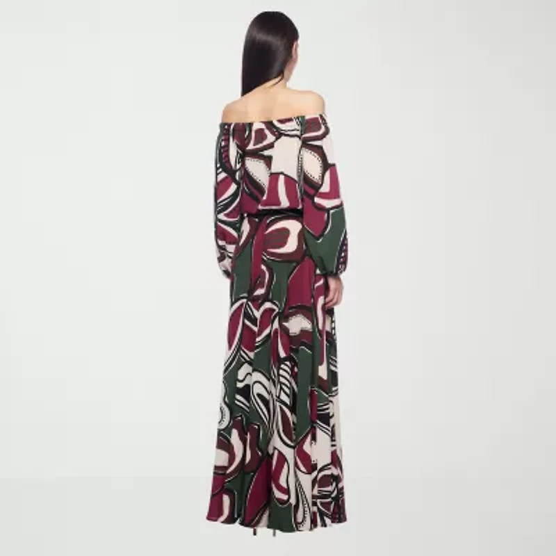 Premier Amour Off The Shoulder Floral Womens Straight Neck Long Sleeve Blouse