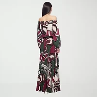 Premier Amour Off The Shoulder Floral Womens Straight Neck Long Sleeve Blouse