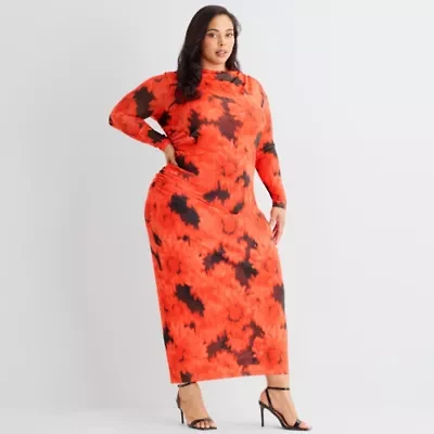 Ashley Graham Mesh Womens Plus Mock Neck Long Sleeve Fitted Floral Bodycon Dress