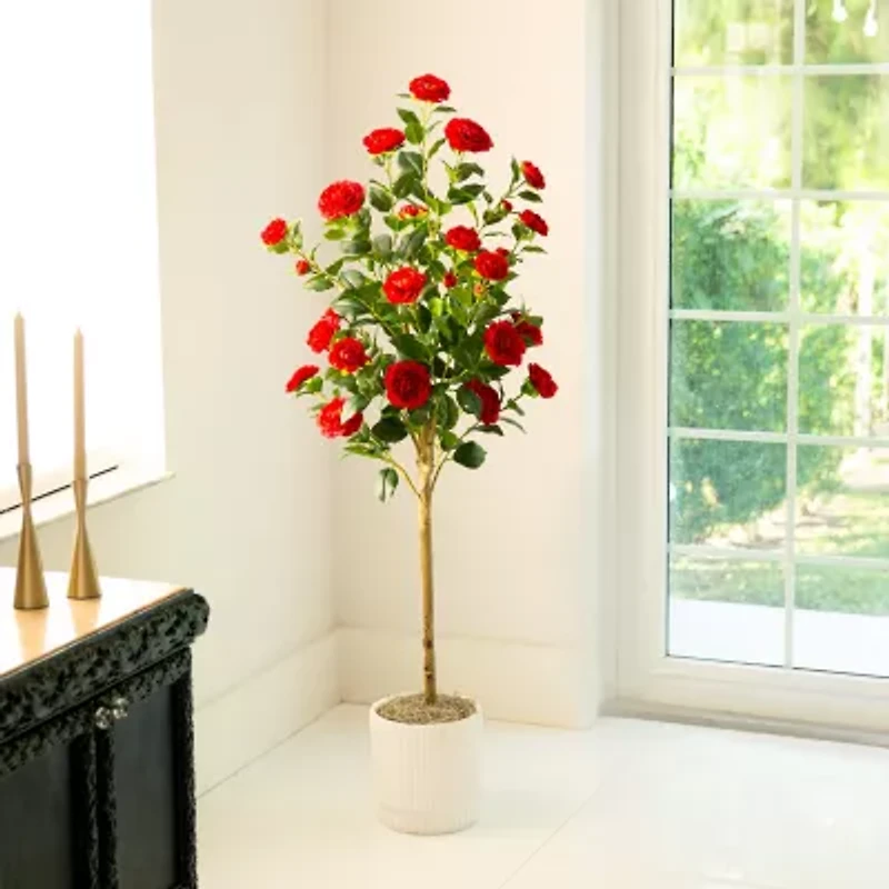 Nearly Natural 5ft. Red Camellia Rose Indoor Artificial Tree