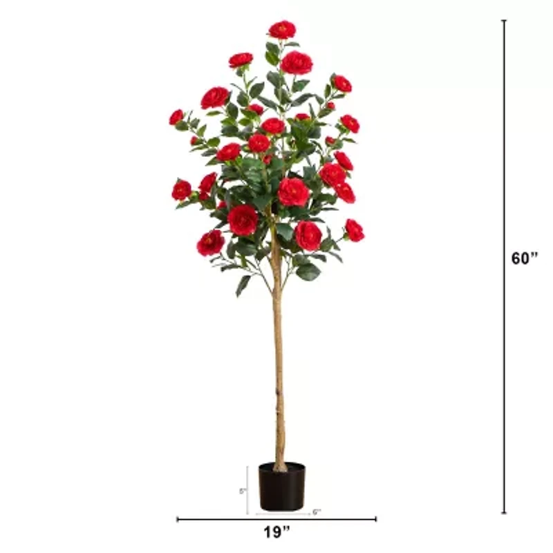 Nearly Natural 5ft. Red Camellia Rose Indoor Artificial Tree