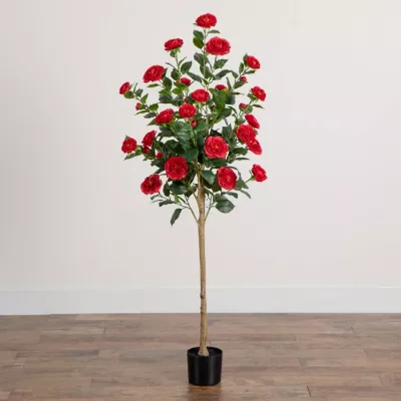 Nearly Natural 5ft. Red Camellia Rose Indoor Artificial Tree