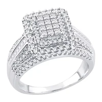 Womens 1 CT. T.W. Natural White Diamond 10K Gold Side Stone Halo Engagement Ring