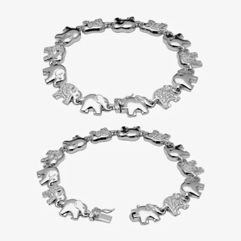 Sterling Silver Rhodium Plated Cubic Zirconia Elephant Bracelet 6.75-8"