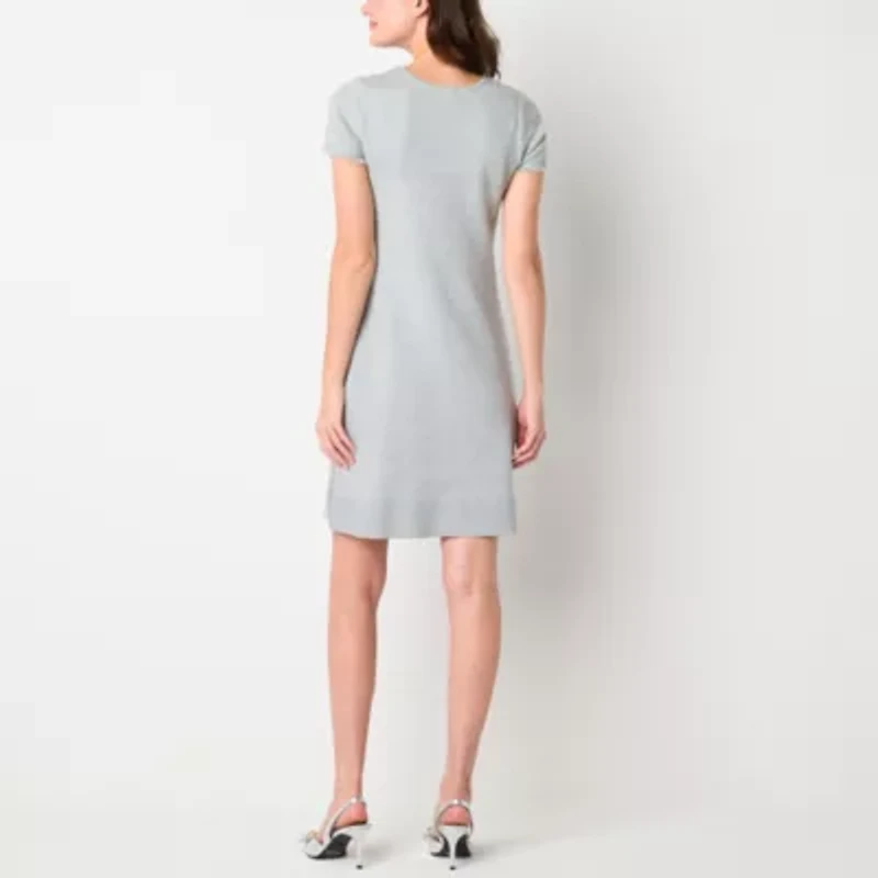 Studio 1 Womens Short Sleeve Embellished Pearl Trim Sweater Dress