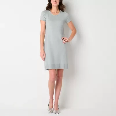 Studio 1 Womens Short Sleeve Embellished Pearl Trim Sweater Dress