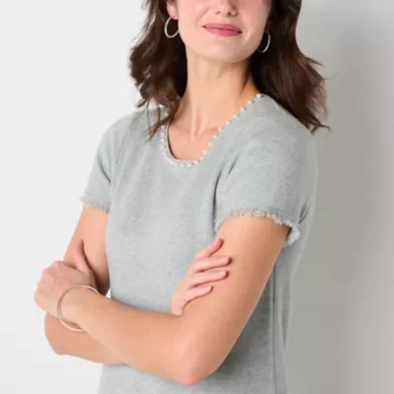 Studio 1 Womens Short Sleeve Embellished Pearl Trim Sweater Dress