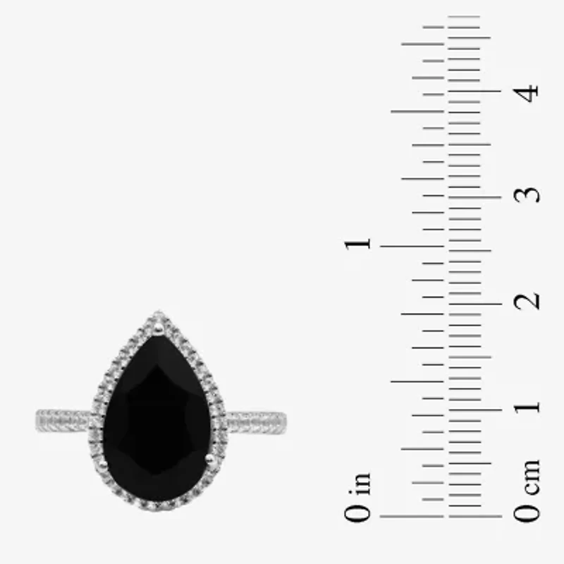 Womens Genuine Black Onyx Sterling Silver Halo Side Stone Cocktail Ring