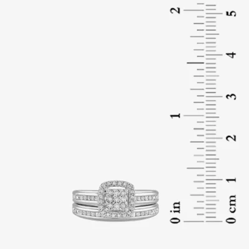 Surrounded by Love Womens 1/5 CT.T.W. Natural Diamond Sterling Silver or 14K Gold Over Cushion Side Stone Halo Bridal Set